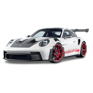 Norev Modellauto Porsche 911 GT3 RS mit Weissach-Paket (2022) in Weiß mit Pyrorot-Felgen und GT3RS-Schriftzug, Maßstab 1:18, freigestellt auf weißem Hintergrund