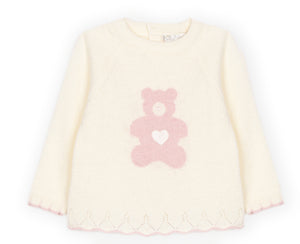 Baby-Strickpullover mit Herz-Bär-Motiv – Ecru-Rosa