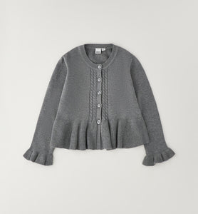 iDO Mädchen Strickjacke Grau meliert mit Zopfmuster und Rüschensaum